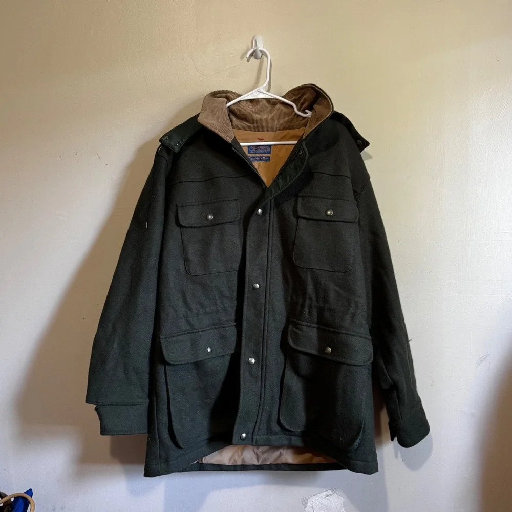 VTG Pendleton Outdoorsman Virgin Wool Mens M Thinsulate Green Field Coat Hooded